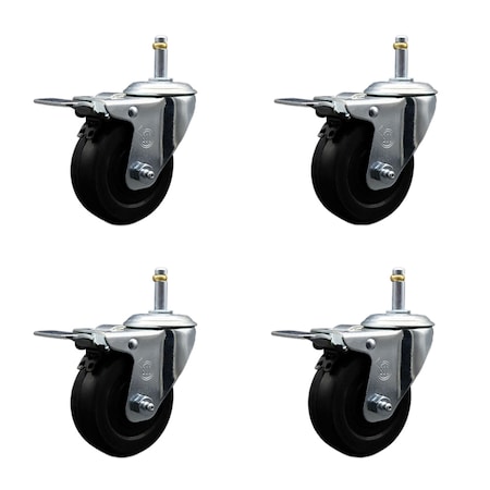 Service Caster 4'' Soft Rubber Wheel Swivel 7/16'' Stem Caster Set with Total Lock Brake, 4PK SCC-GRTTL20S414-SRS-716138-4
